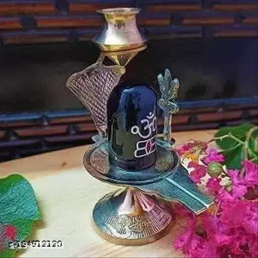 Brass Adi Shankara Shivling with natural stone, Jaladhari Lota Kalash for home temple Puja/Pooja, ideal size: 7cm(L) x 10cm(H) x 5cm(B), made in India