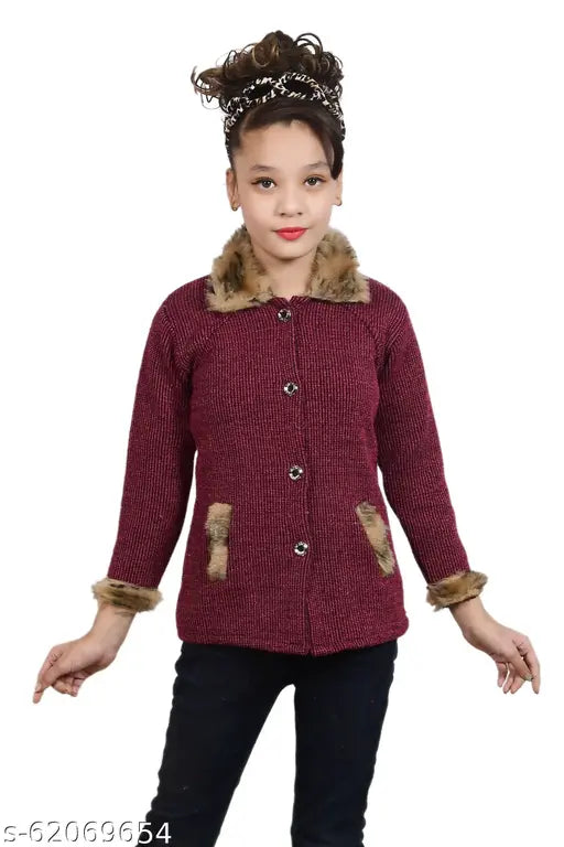 Girls' long sleeve wool fur coat from Christy's Collection, self-design net pattern, 5-8 years, India