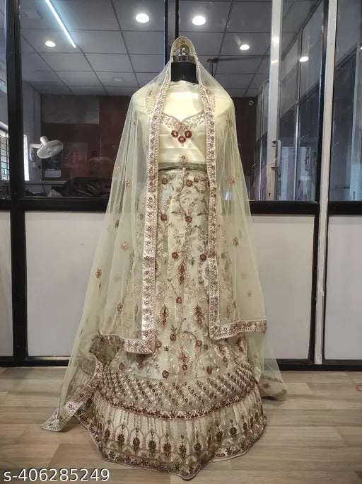 Attractive cream lehenga choli set with dupatta and blouse, embroidered net fabric, free size, perfect for regular occasions or gifts, Indian origin