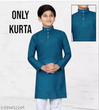 Blue cotton mini kurta for boys, solid pattern, long sleeves, sizes range from 4-5 Years to 15-16 Years, Indian origin