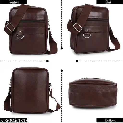 Brown leather crossbody bag with adjustable shoulder strap, suitable for travel or office use, featuring multiple card slots and a detachable front pocket