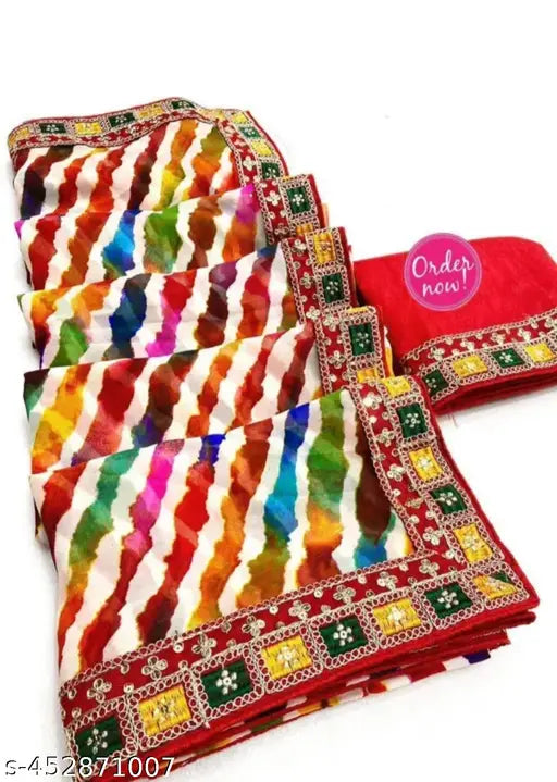 Georgette Pasrangi lehriya saree with matching printed running blouse, free size, origin India