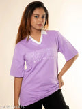 Maniac Women Printed Polo Neck 3/4th Sleeve Lavender Cotton Oversized Tshirt