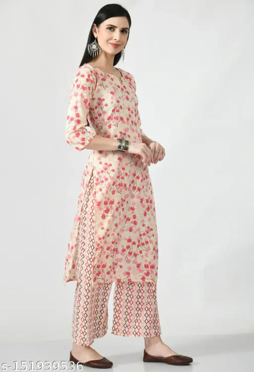 New floral print rayon kurta and plazzo set, three-quarter sleeves, printed net, Indian couple's outfit in sizes S, XXL