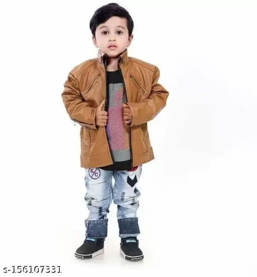Zip-Front Bomber Jacket Kids Leather Blend Winter Wear Full-Sleeves Jackets For Baby Boys
