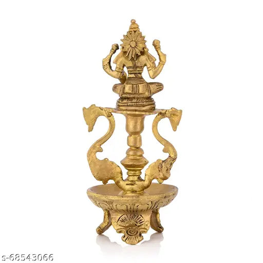 Brass antique Laxmi peacock puja diya, golden finish, traditional Indian home decor (10cmL x 20.5cmH x 10cmW)