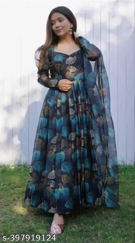 Multicolor flared Georgette kurta with attached dupatta, featuring breathable digital print design and pearl diamond border. Perfect for casual and festive events. Breathable fabric ensures comfort. Machine washable. Sizes available: S, M, L, XL. Made in India
