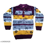 Woolen purple-yellow colorblocked kids' sweaters set for boys, long sleeve clothing on display rack (3-4yrs, 4-5yrs, 8-9yrs, 9-10yrs, 10-11yrs, 11-12yrs), handcrafted in India