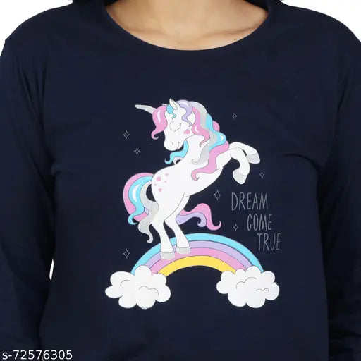 Maroon cotton unicorn printed women's pyjama set with full sleeves, Ninos Dreams branding