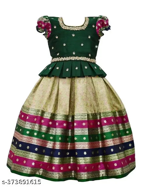 Girls' Jacquard stripe lehenga choli, art silk top & jacquard lehenga, South Indian traditional Pattu Pavadai