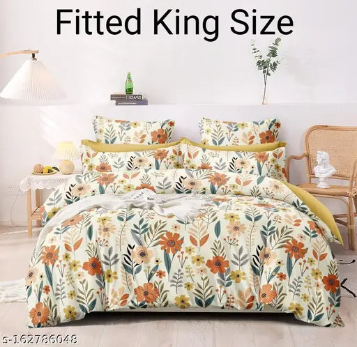 Glace cotton botanical-print king size elastic fitted bedsheet with 2 pillow covers, fits upto 10 inch mattress (108*108 inches)