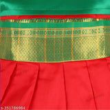 The image shows a cherry red and green frock with silver kraft embroidery on the bottom half. It appears to be knee-length, as indicated by the title. The dress is made of chanderi silk material, which is commonly used for traditional Indian attire, and it features an embellished border at the hem