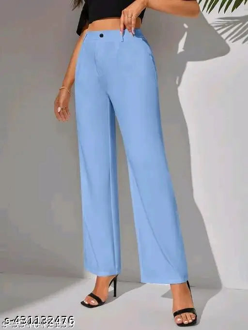 Elegant high-waisted blue trousers with wide legs, classic tailored design