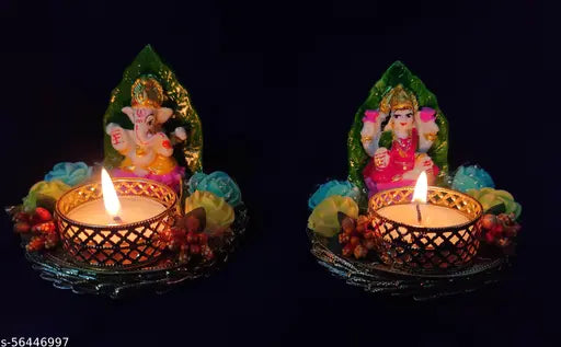 Poly Resin Laxmi Ganesh Idol with Wax Diya, Indian handicraft for Diwali decoration (3x3x3 inches)