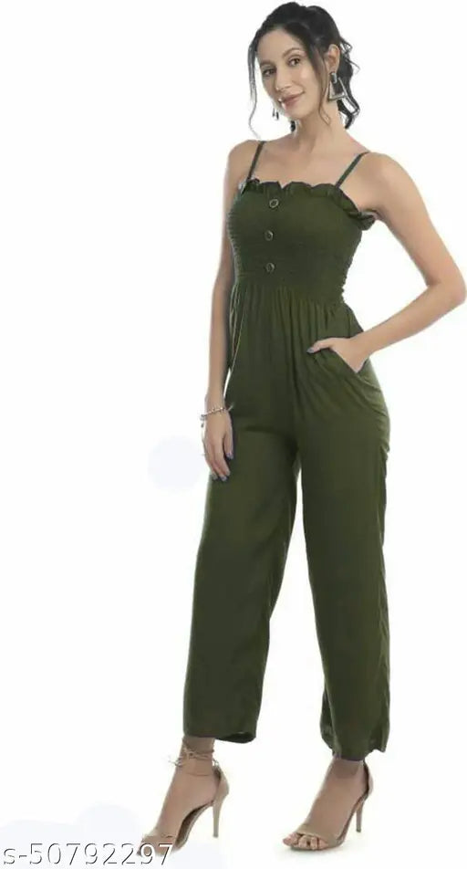 Olive green rayon jumpsuit for women, solid pattern, machine washable