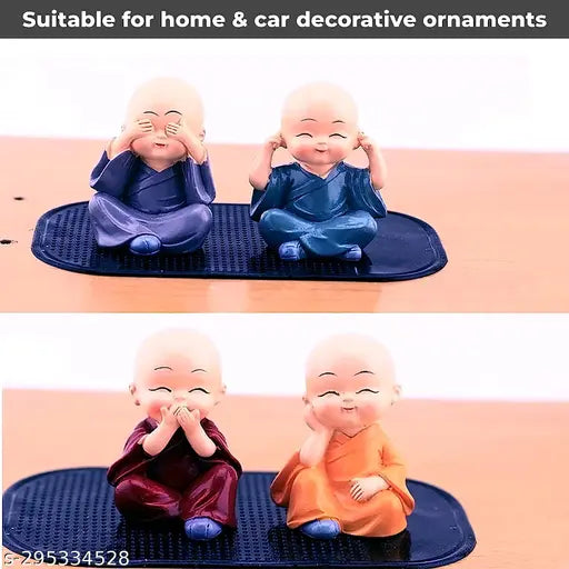 Resin Little Baby Monk set for car dashboard decor, Set of 4 cartoon monks, Indian home decor art piece