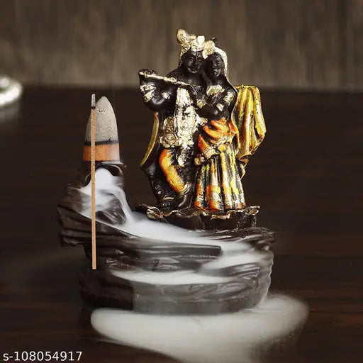 Orange poly resin Krishna idol with flute, Radha and incense holder, Indian home decor accessory with 10 fragrance cones