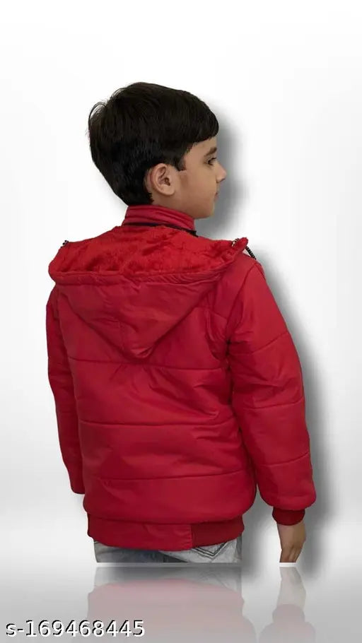 Red puffer jacket with a hood, zip closure