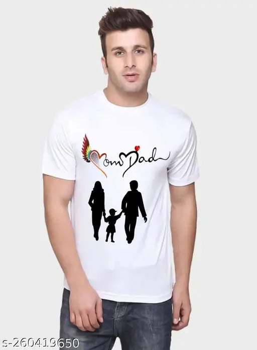 Printed polyester t-shirt for boys with 'Mom Dad Men' design, short sleeves, available in S, M, L, XL, XXL. Made in India