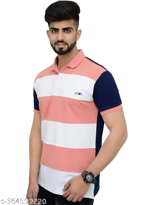 3BROS Striped Polo Neck Short Sleeves Cotton Blend Multicolour Stylish Fashionable & Comfortable Trendy Graphic Mens T-shirts