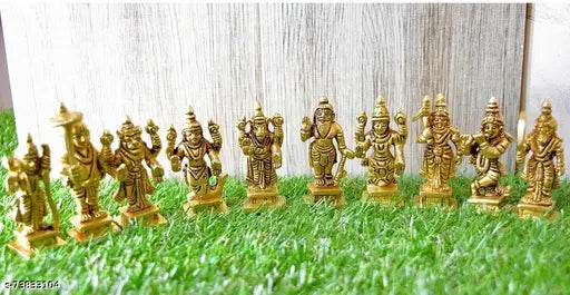 Brass Vishnu Dasavatar Set (850 gm), intricately detailed brass idol for home, showcasing 10 forms of Vishnu