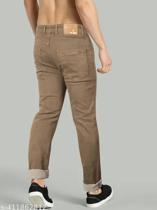 Beige Men's Comfort Fit Denim Jeans, solid mid-rise, regular fit, casual look. Available in sizes: 30, 32, 34, 36, 38, 40 (India)
