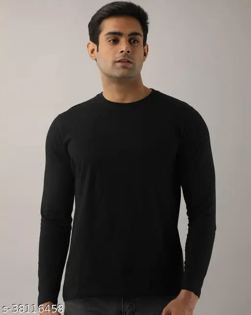 Black cotton solid long sleeve casual t-shirt by Clothing Culture, Indian men's fashion wear