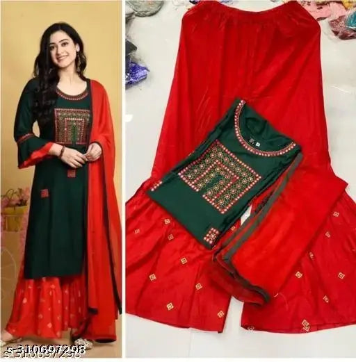 Red rayon dupatta set, embroidered border