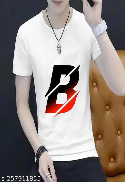 White polyester alphabet-printed men's T-shirt, half sleeves, big italic style. Graphic tee for versatile fashion, comfortable fit