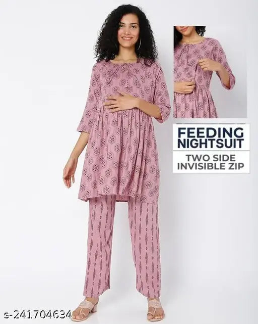 Rayon maternity night suit for women and girls (top & bottom), printed net pattern, comfortable and breathable fabric, double zip protection