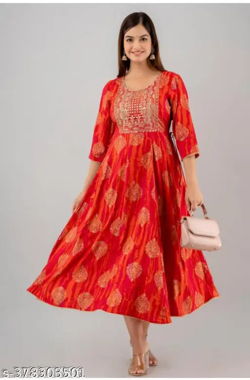 Rayon long embroidered Sanganeri-printed anarkali kurta, available in multiple sizes from XS to 6XL