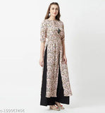 Multicolored Peach Base Floral Maxi Top: Miss Chase Women's Round Neck 3/4 Sleeve with Tie-Up Tassel Detailing & Front Slit, Made in India