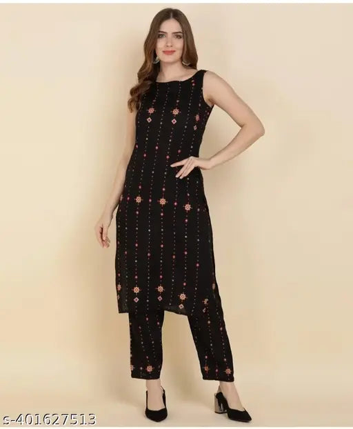 Black printed star Viscose Rayon girls and women's Kurti plazo set with matching pants, three-quarter sleeves