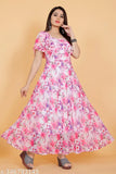 whitePink flower printed Georgette kurti for women, featuring short sleeves and square neck on an anarkali design. Exclusive, digital print, plus size friendly. Indian origin