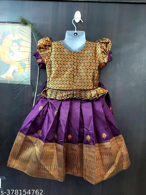 Narayanpet silk knee-length frock with zari border, kids traditional ethnic wear, silky comfortable for parties or festivals