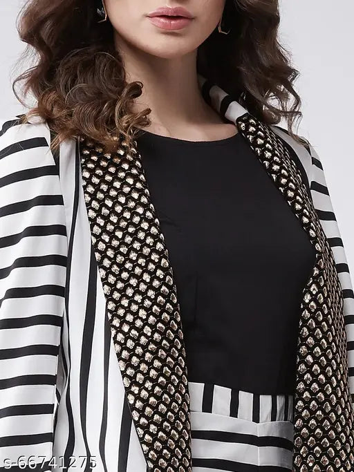 Polyester striped jumpsuit with blazer, women's fashion, printed net, XS (32in bust, 50in length, 26in waist), India-made