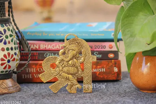 Gold oxide metal Dancing Ganesha Idol (4x5 inch), traditional wall hanging statue for Puja Vastu, positivity and prosperity symbol