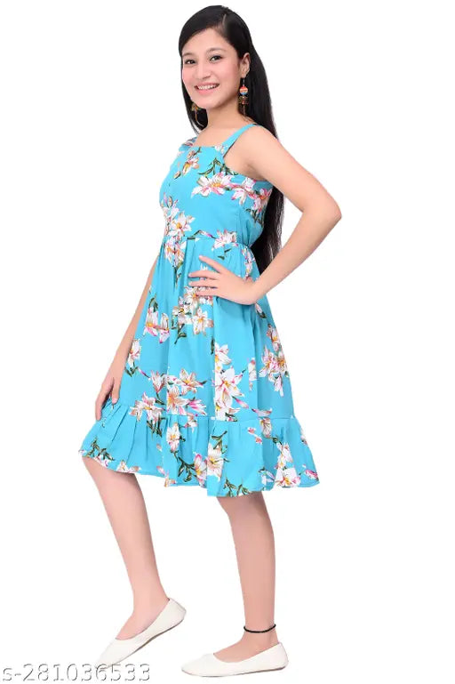 Blue printed floral knee-length party dress for girls, featuring a belt, combo dress