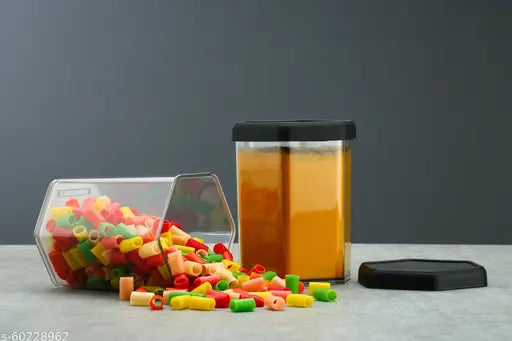 Airtight container jar set for kitchen, black caps, clear glass jars, 1100ml storage, hexagon shape