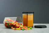 Airtight container jar set for kitchen, black caps, clear glass jars, 1100ml storage, hexagon shape