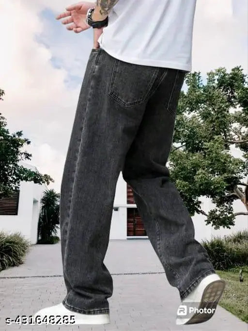 Dark gray denim baggy style straight leg men's jeans