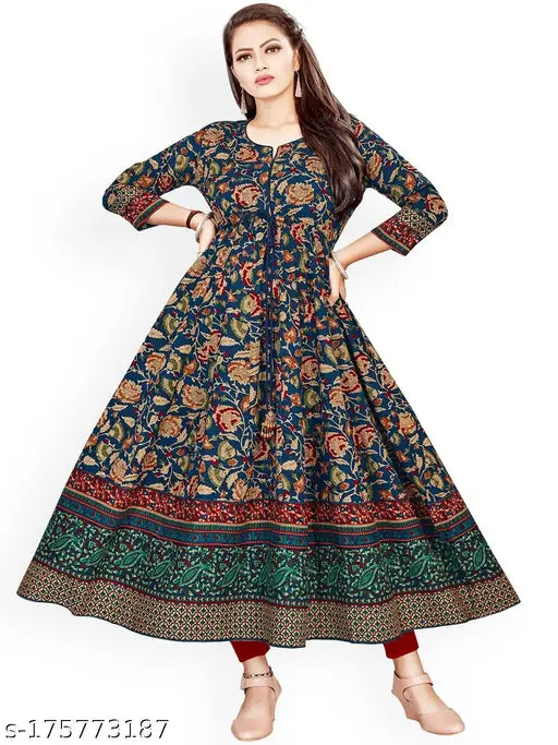 Blue printed long Anarkali gown for women's and girls, rayon, three-quarter sleeves, all-over print design