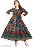 Blue printed long Anarkali gown for women's and girls, rayon, three-quarter sleeves, all-over print design