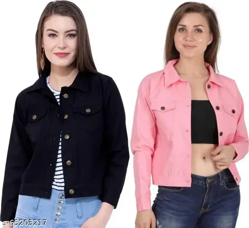 Black and Pink denim jacket combo, solid-pattern long sleeves for women's stylish comfort - Made in India