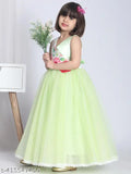 Green silk chiffon long dress with red bow and flower detail, full length
