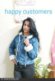 Denim cap fur jacket, women's winter solids, long sleeves, XS (32in bust, 20in length), made in India