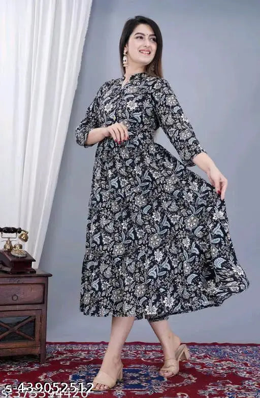 Women's long kurta with full flare and anarkali style in black color with rayon fabric, printed with blue Jaipur design