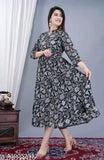 Women's long kurta with full flare and anarkali style in black color with rayon fabric, printed with blue Jaipur design