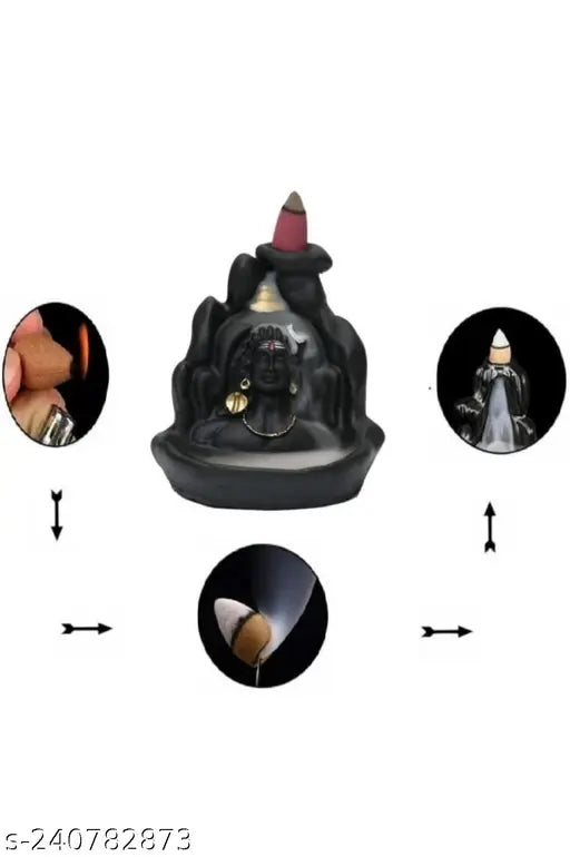 Black polyresin Shiv incense burner, featuring Adiyogi Shiva meditating by a backflow waterfall, comes with 10 cones for decorative use. Handcrafted in India