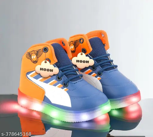 Orange Blue synthetic leather light shoes for children up to 10 years, embellished net pattern, breathable, durable, and comfortable with velcro fastening
